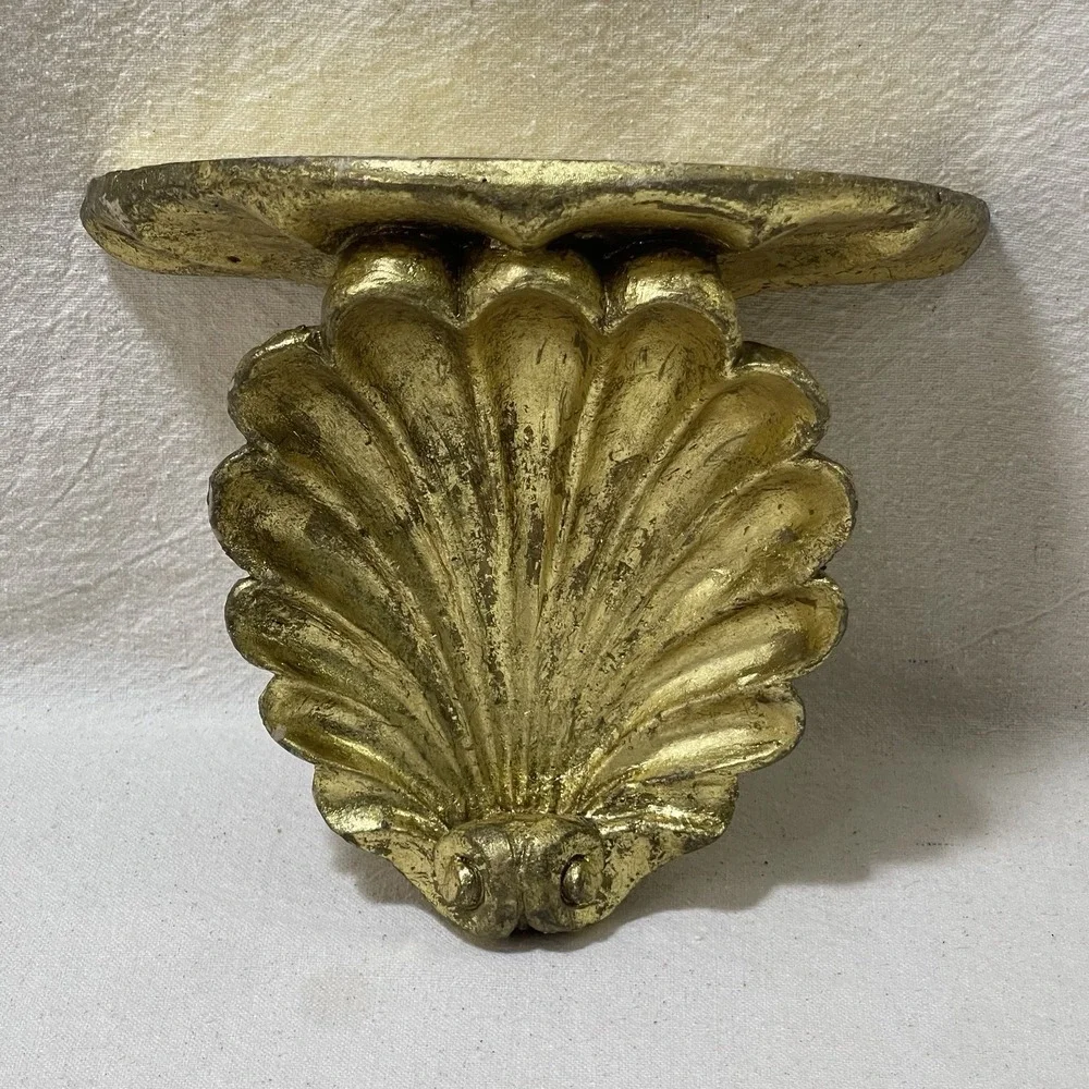 Vintage Distressed Gilded Gold Ornate Distressed Shell‎ Wall Shelf Sconce Decor